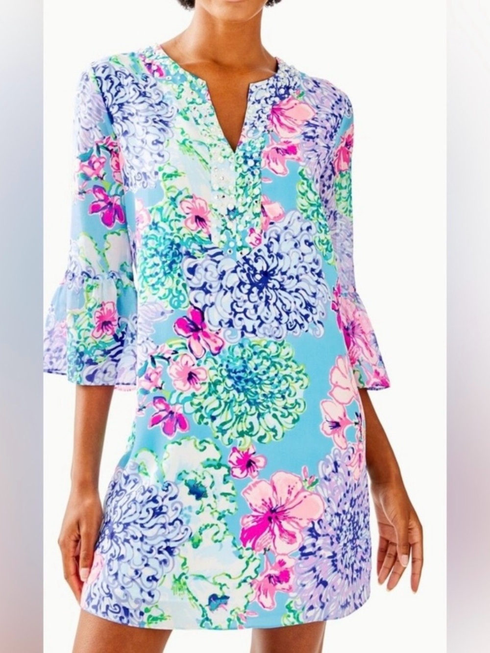 Elenora in Special Delivery silk floral dress with embellished necklace